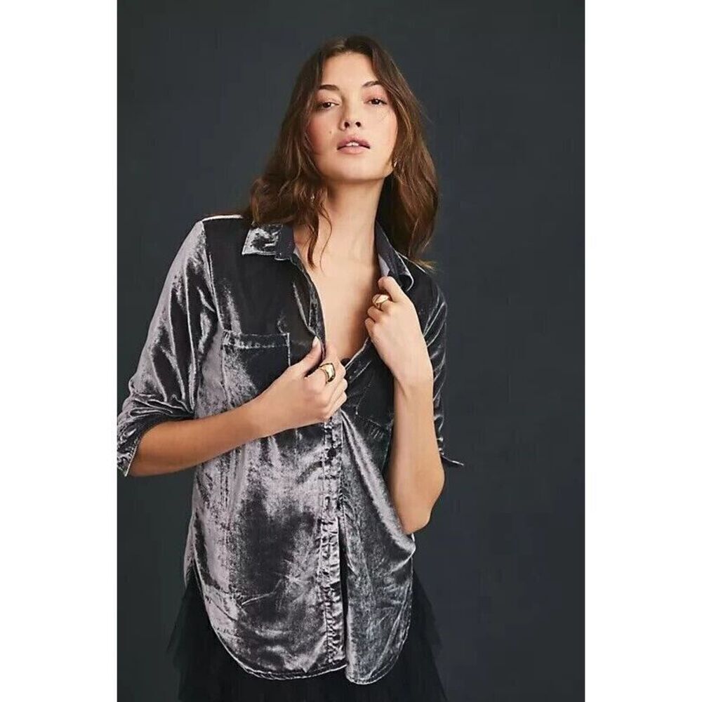 Anthropologie Pilcro Relaxed Velvet Buttondown Shirt Grey XS NEW